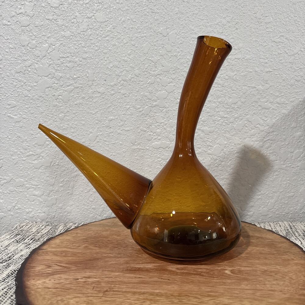 Vintage Spanish Amber Color Glass Porron Wine Pitcher Decanter Bottle